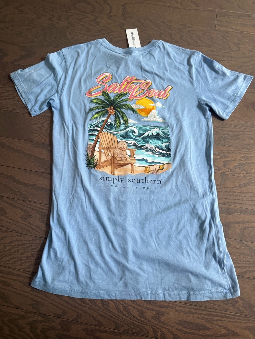 Simply Southern shirt woman’s large “Salty Soul” dog beach ocean light blue